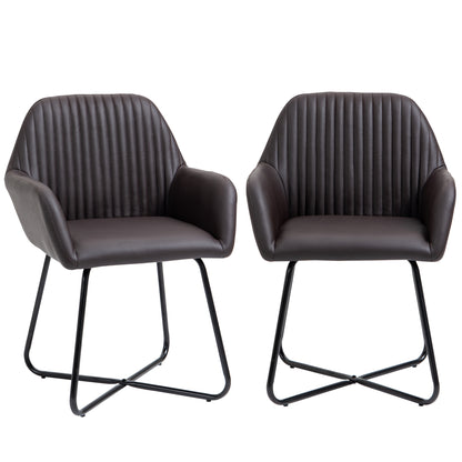 Set of 2 Modern Dining Room Chairs, Kitchen or Living Room, Brown Faux Leather Upholstered Chairs 60x56.5x85cm