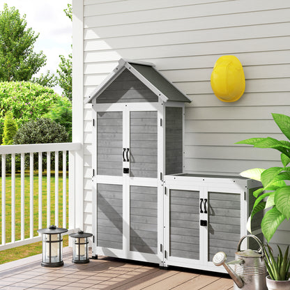 2 in 1 Garden Cabinet Wood, Tool Shed with Storage Cabinet Lockable Door Pent Roof Shelf 89x51x182cm, Weatherproof Tool Cabinet, Tool Shed for Garden, Patio, Light Gray