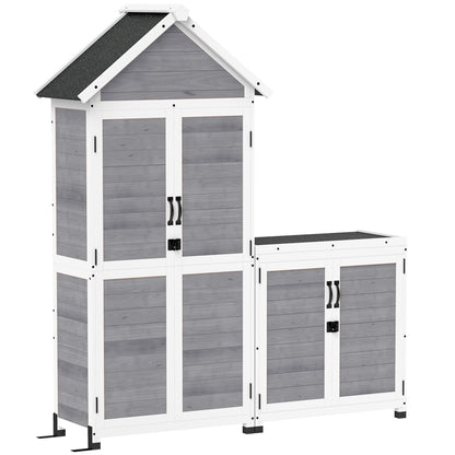 2 in 1 Garden Cabinet Wood, Tool Shed with Storage Cabinet Lockable Door Pent Roof Shelf 89x51x182cm, Weatherproof Tool Cabinet, Tool Shed for Garden, Patio, Light Gray