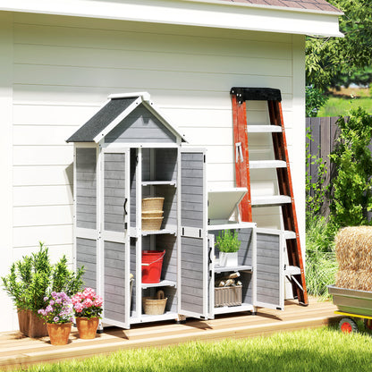 2 in 1 Garden Cabinet Wood, Tool Shed with Storage Cabinet Lockable Door Pent Roof Shelf 89x51x182cm, Weatherproof Tool Cabinet, Tool Shed for Garden, Patio, Light Gray