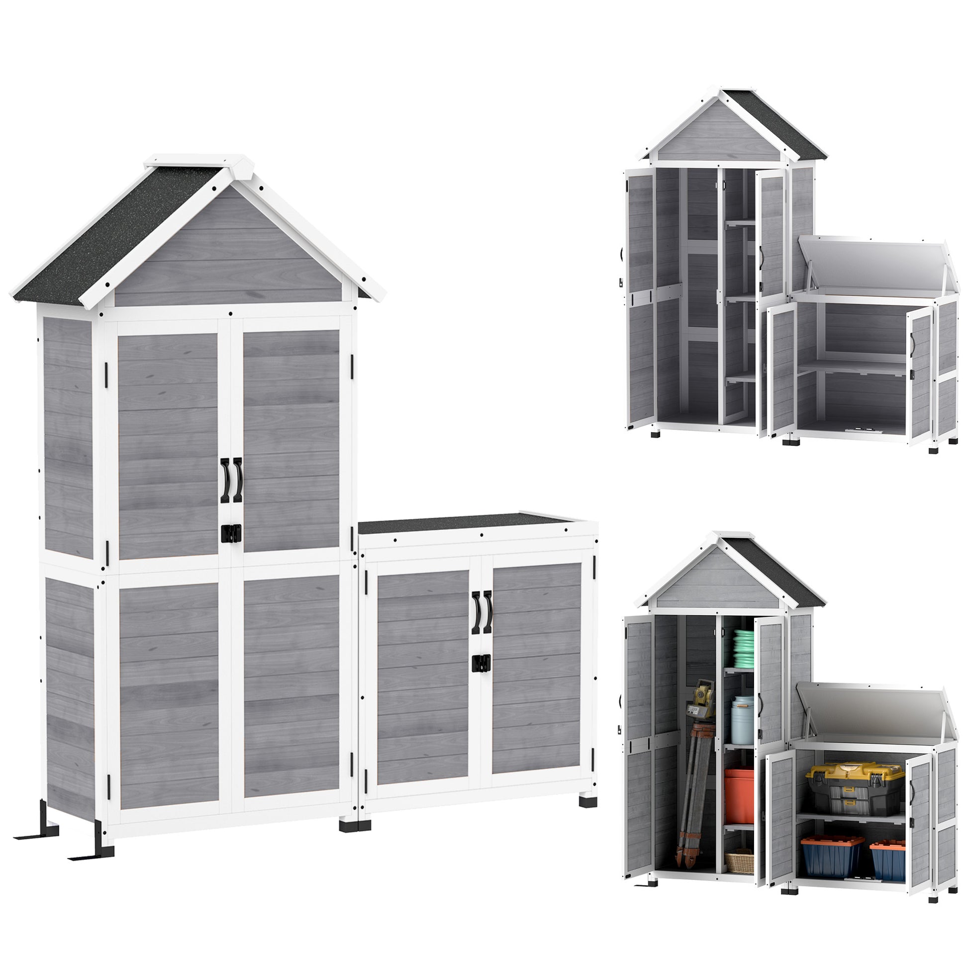 2 in 1 Garden Cabinet Wood, Tool Shed with Storage Cabinet Lockable Door Pent Roof Shelf 89x51x182cm, Weatherproof Tool Cabinet, Tool Shed for Garden, Patio, Light Gray