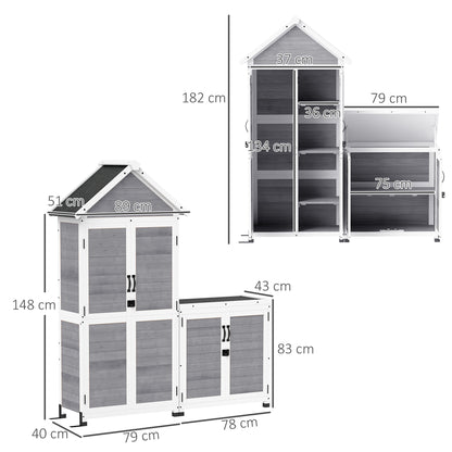 2 in 1 Garden Cabinet Wood, Tool Shed with Storage Cabinet Lockable Door Pent Roof Shelf 89x51x182cm, Weatherproof Tool Cabinet, Tool Shed for Garden, Patio, Light Gray