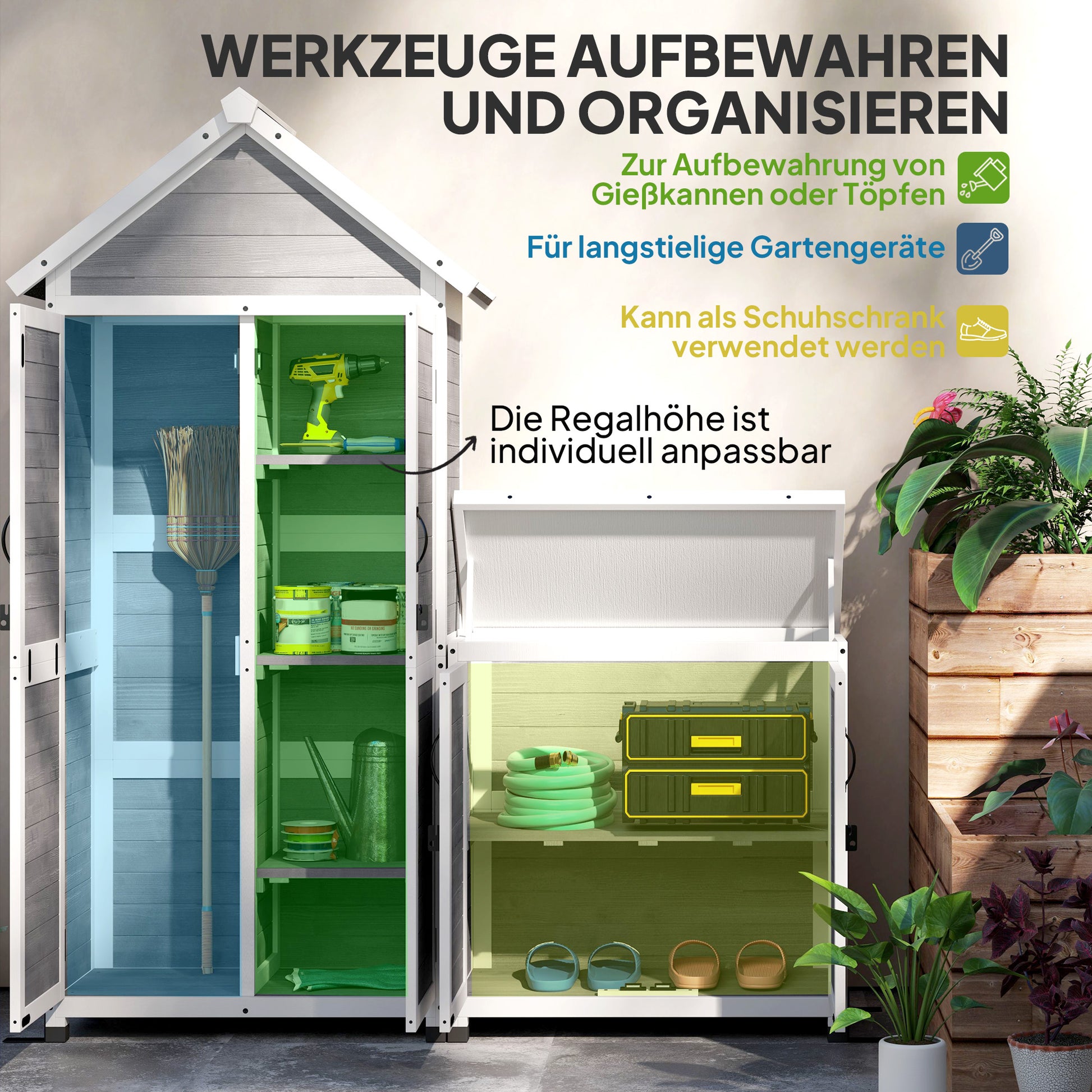 2 in 1 Garden Cabinet Wood, Tool Shed with Storage Cabinet Lockable Door Pent Roof Shelf 89x51x182cm, Weatherproof Tool Cabinet, Tool Shed for Garden, Patio, Light Gray