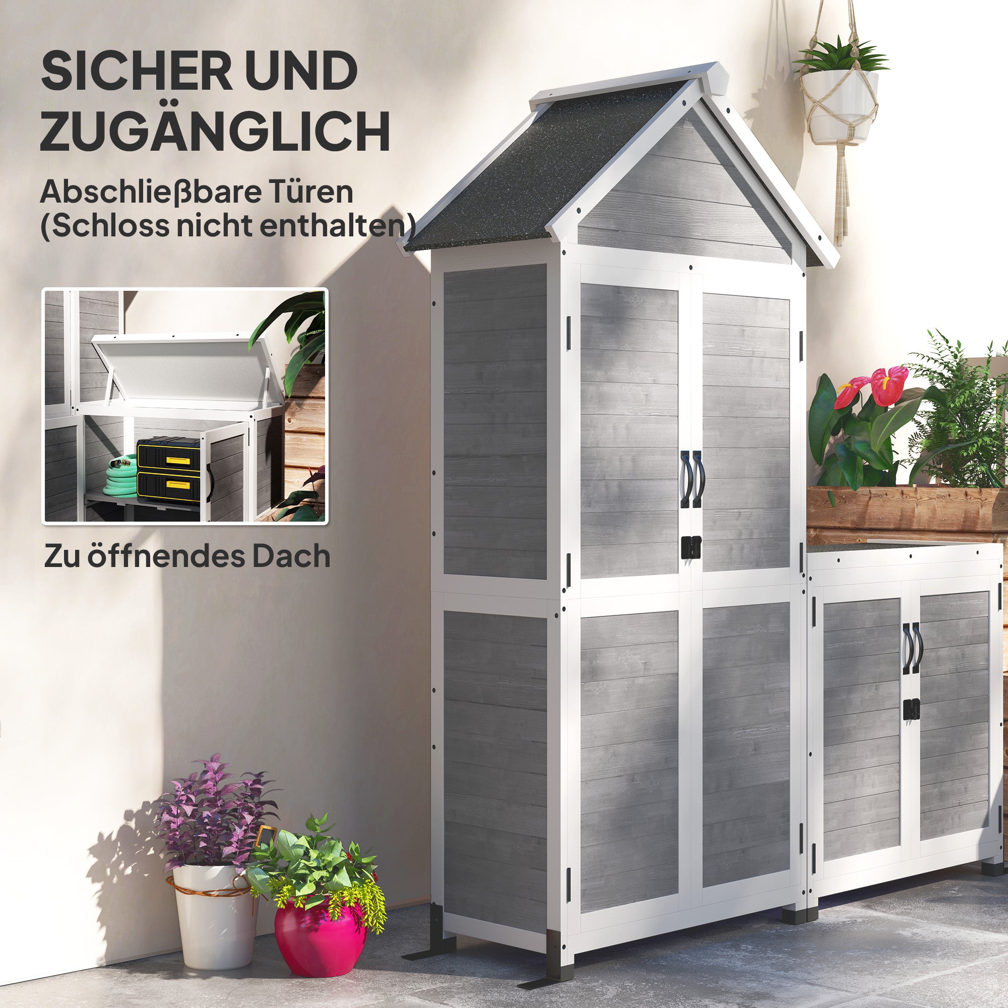 2 in 1 Garden Cabinet Wood, Tool Shed with Storage Cabinet Lockable Door Pent Roof Shelf 89x51x182cm, Weatherproof Tool Cabinet, Tool Shed for Garden, Patio, Light Gray