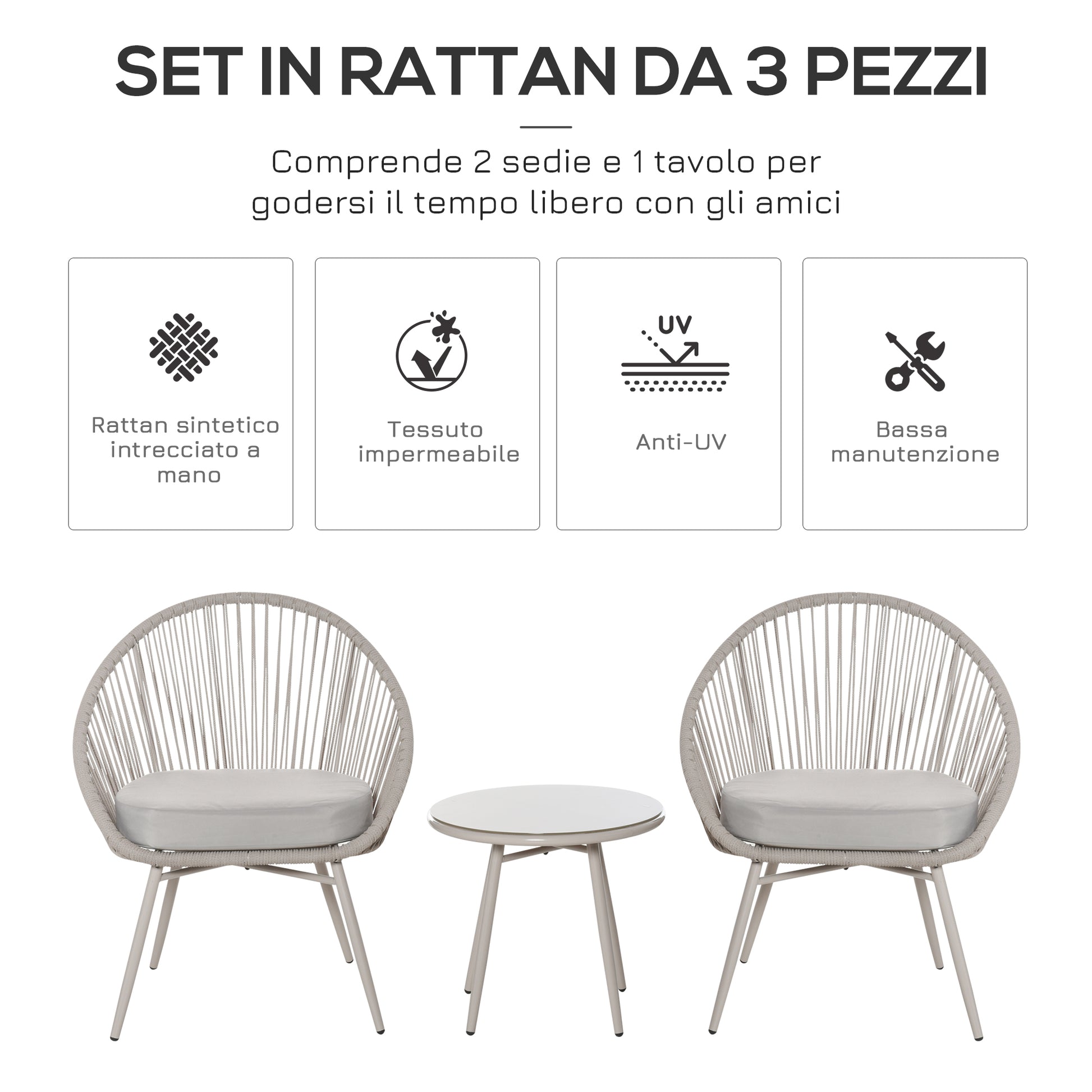Synthetic Rattan Garden Furniture Boho Style, 3-Piece Coffee Table and Garden Chairs Set, Cream White