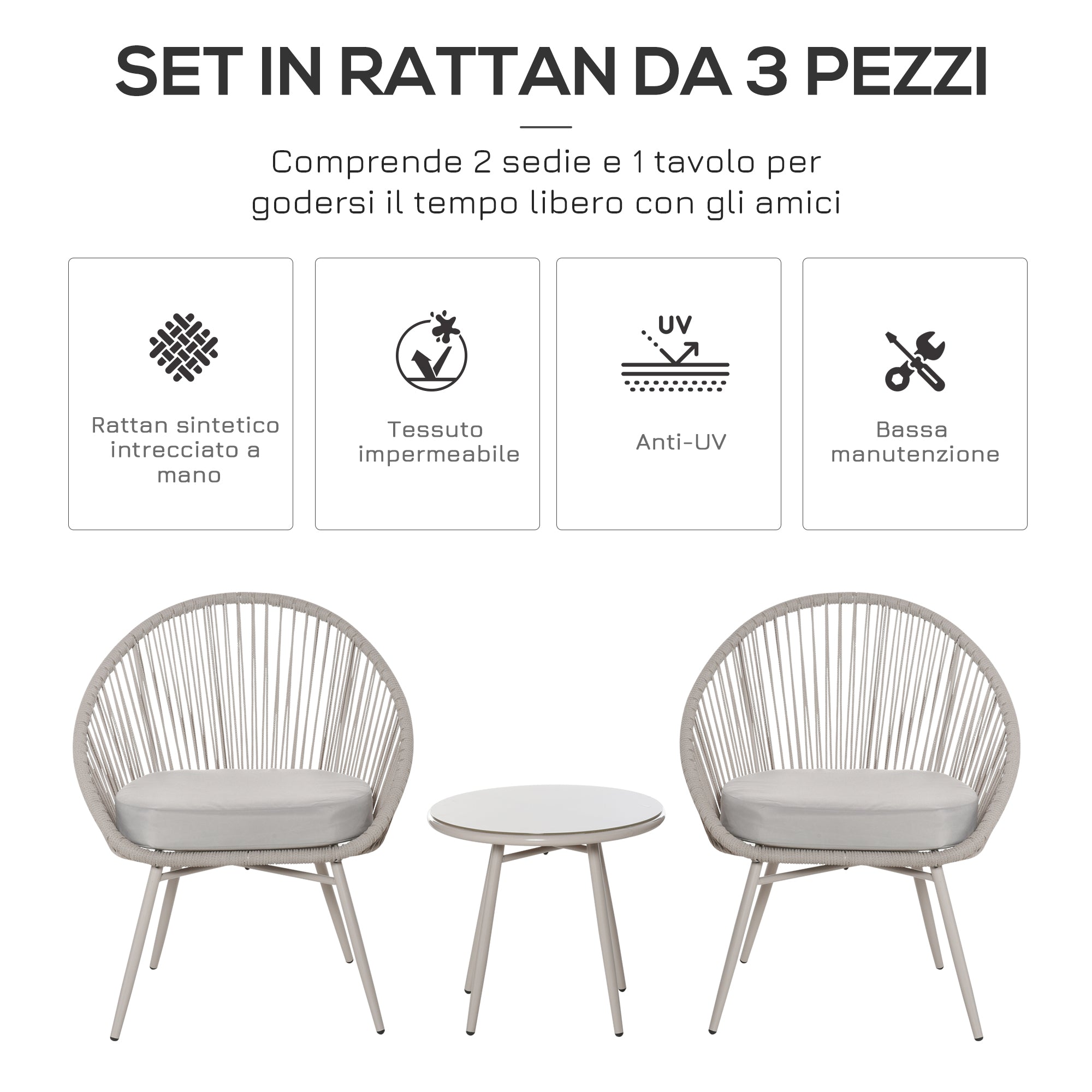 Synthetic Rattan Garden Furniture Boho Style, 3-Piece Coffee Table and Garden Chairs Set, Cream White
