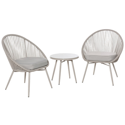 Synthetic Rattan Garden Furniture Boho Style, 3-Piece Coffee Table and Garden Chairs Set, Cream White