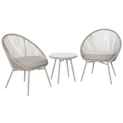 Synthetic Rattan Garden Furniture Boho Style, 3-Piece Coffee Table and Garden Chairs Set, Cream White