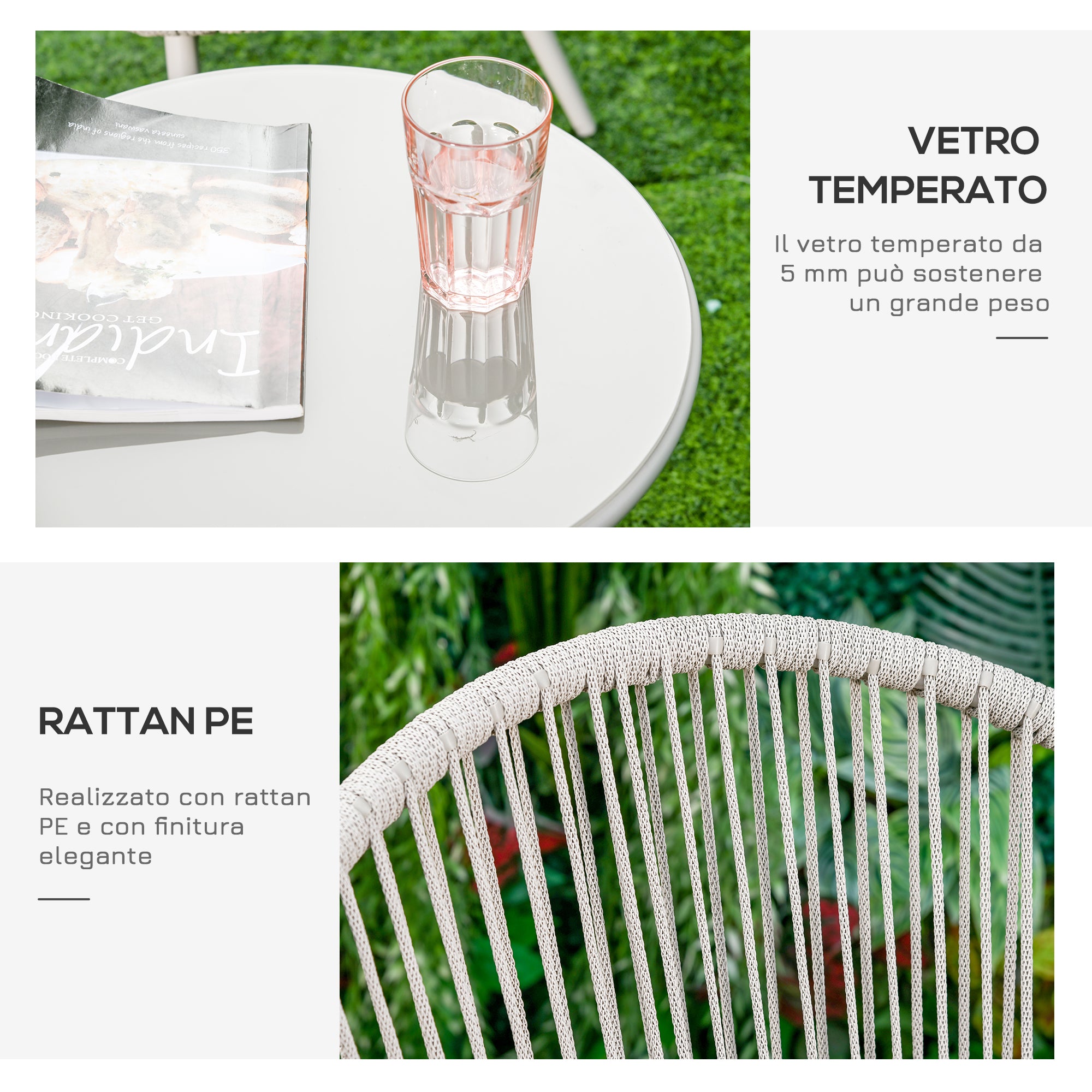 Synthetic Rattan Garden Furniture Boho Style, 3-Piece Coffee Table and Garden Chairs Set, Cream White