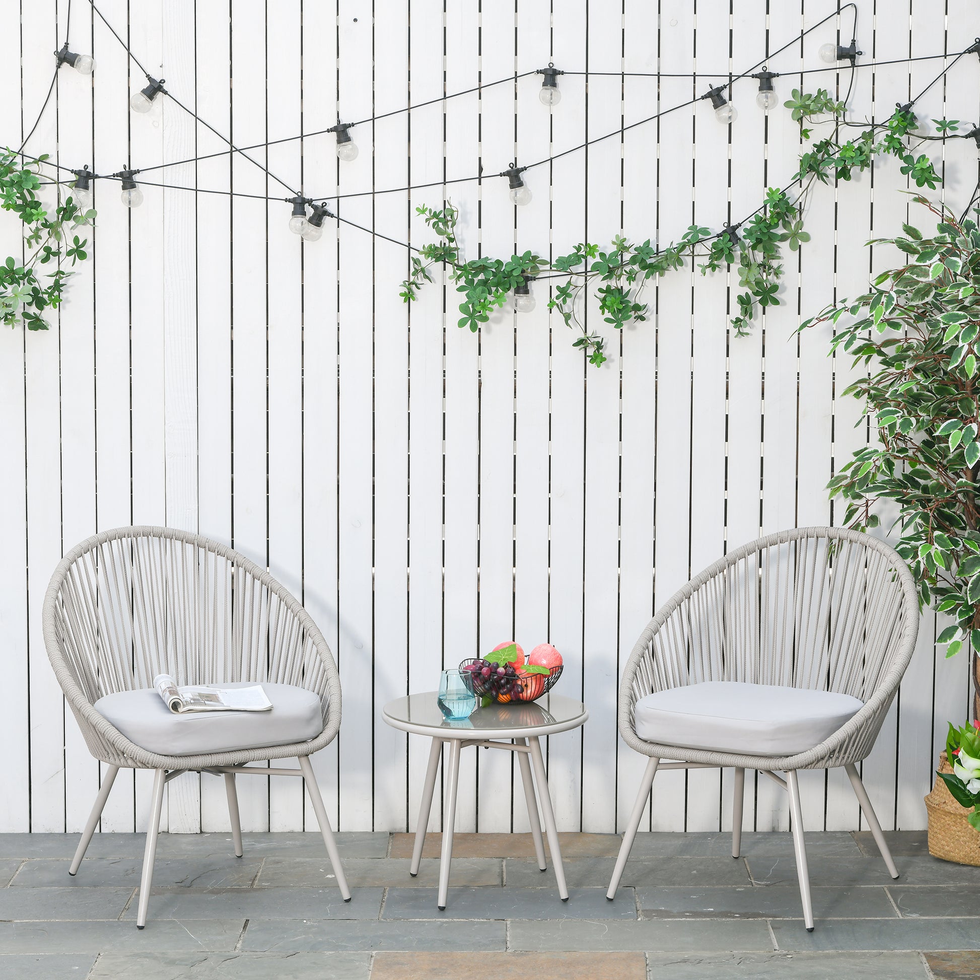 Synthetic Rattan Garden Furniture Boho Style, 3-Piece Coffee Table and Garden Chairs Set, Cream White