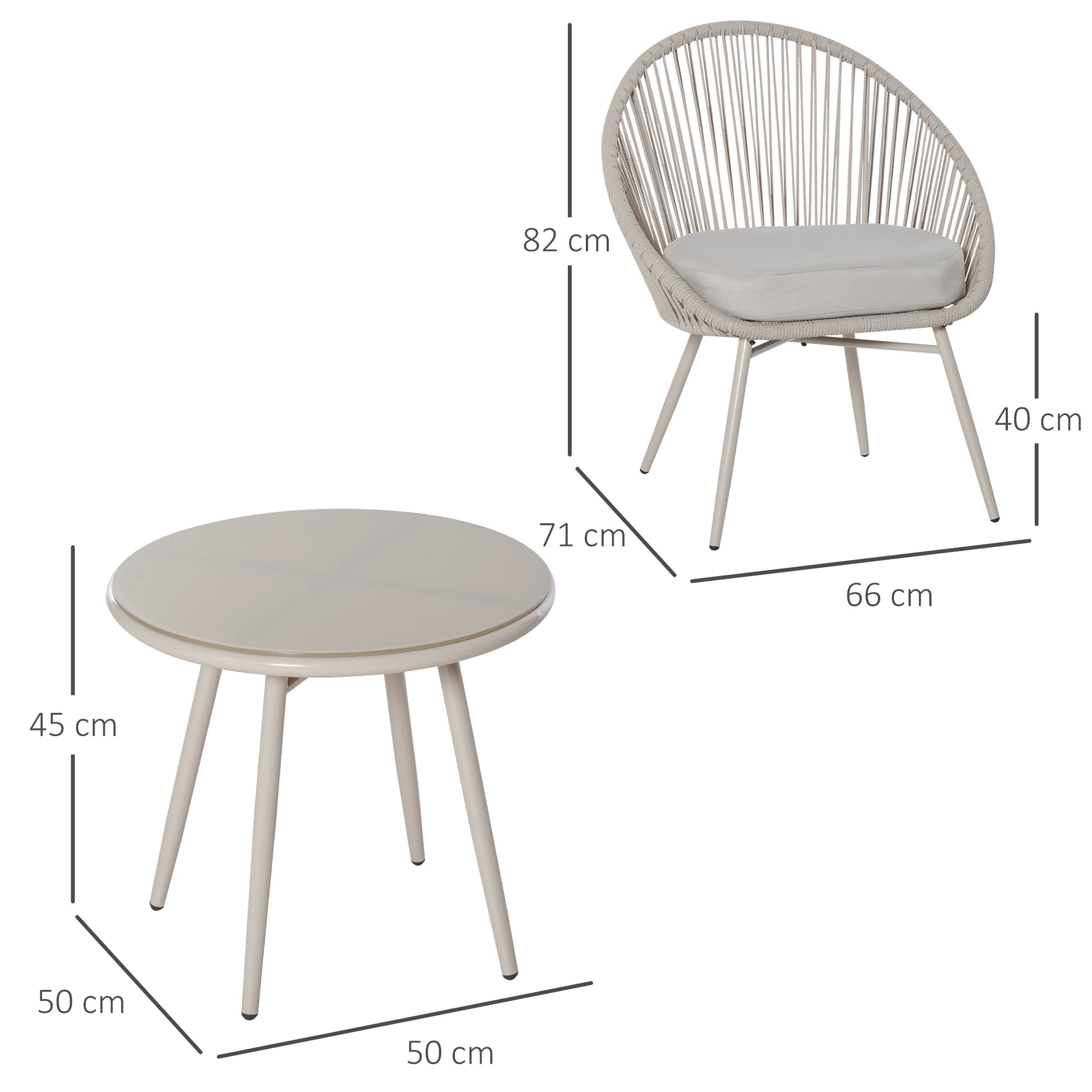 Synthetic Rattan Garden Furniture Boho Style, 3-Piece Coffee Table and Garden Chairs Set, Cream White
