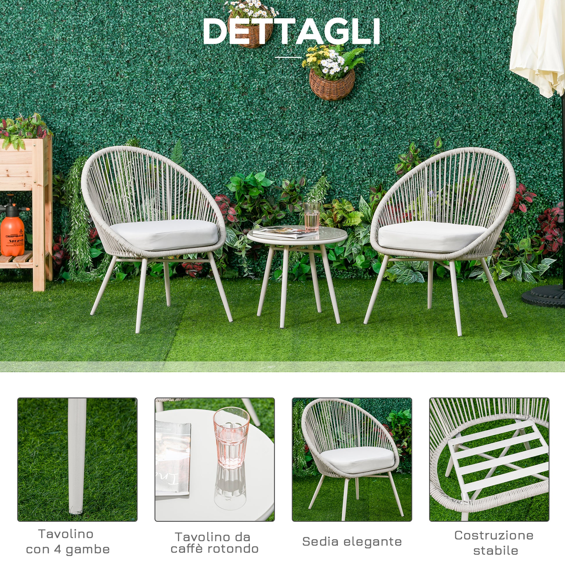 Synthetic Rattan Garden Furniture Boho Style, 3-Piece Coffee Table and Garden Chairs Set, Cream White