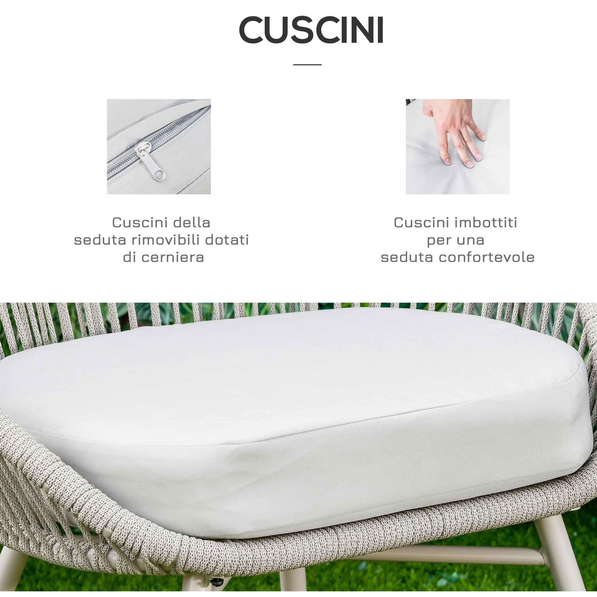 Synthetic Rattan Garden Furniture Boho Style, 3-Piece Coffee Table and Garden Chairs Set, Cream White