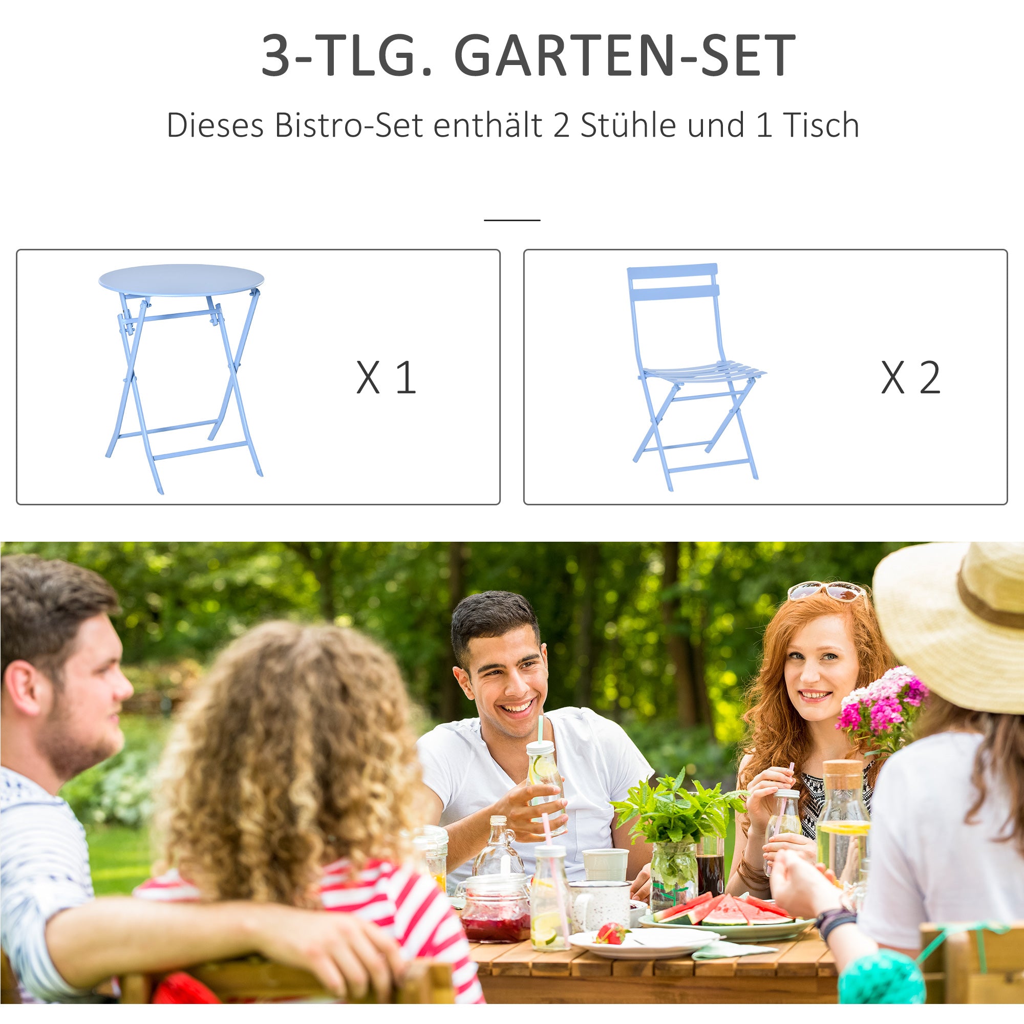 3-piece Garden Set Bistro Table with 2 Chairs for Yard Garden Foldable Light Blue