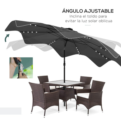 9.6ft Garden Parasol with 32 Solar LED Lights, Manual Patio Umbrella with 8 Ribs, Adjustable Angle, Waterproof and Ventilation Grids for Patio Balcony Dark Gray