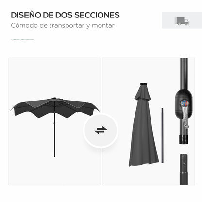 9.6ft Garden Parasol with 32 Solar LED Lights, Manual Patio Umbrella with 8 Ribs, Adjustable Angle, Waterproof and Ventilation Grids for Patio Balcony Dark Gray