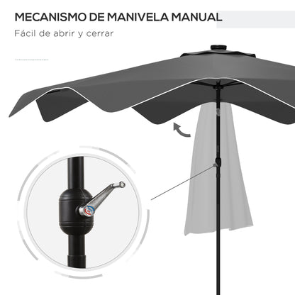 9.6ft Garden Parasol with 32 Solar LED Lights, Manual Patio Umbrella with 8 Ribs, Adjustable Angle, Waterproof and Ventilation Grids for Patio Balcony Dark Gray