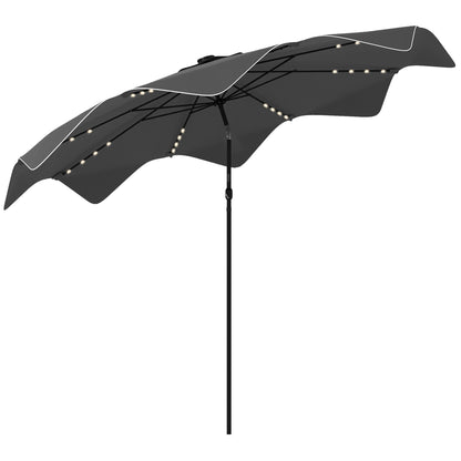 9.6ft Garden Parasol with 32 Solar LED Lights, Manual Patio Umbrella with 8 Ribs, Adjustable Angle, Waterproof and Ventilation Grids for Patio Balcony Dark Gray