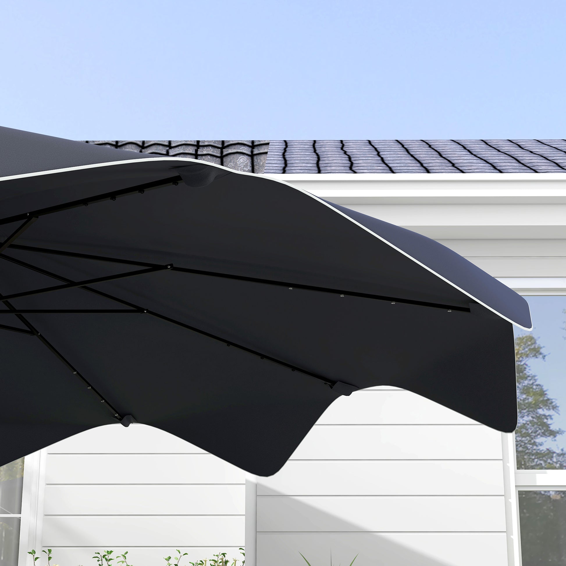 9.6ft Garden Parasol with 32 Solar LED Lights, Manual Patio Umbrella with 8 Ribs, Adjustable Angle, Waterproof and Ventilation Grids for Patio Balcony Dark Gray