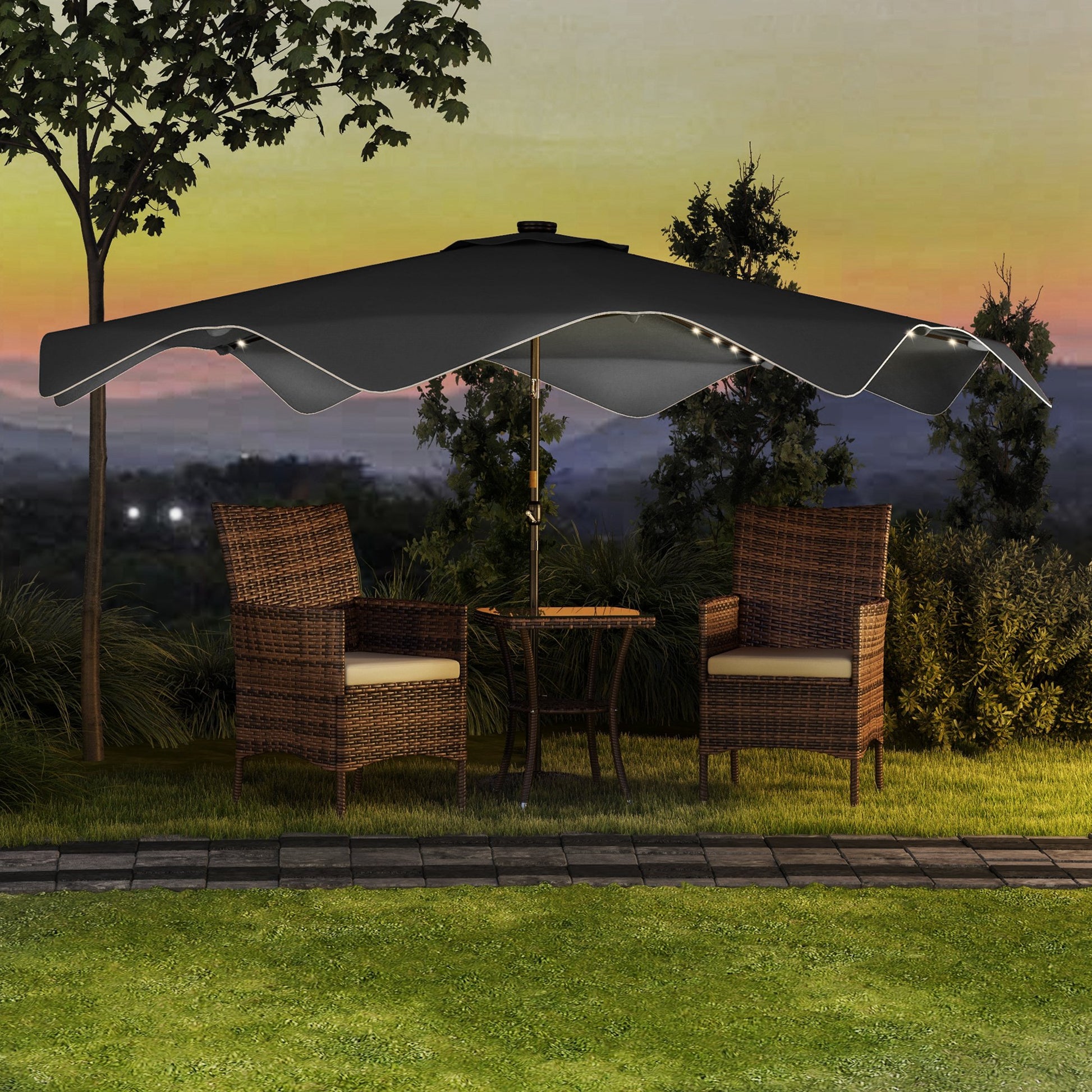 9.6ft Garden Parasol with 32 Solar LED Lights, Manual Patio Umbrella with 8 Ribs, Adjustable Angle, Waterproof and Ventilation Grids for Patio Balcony Dark Gray