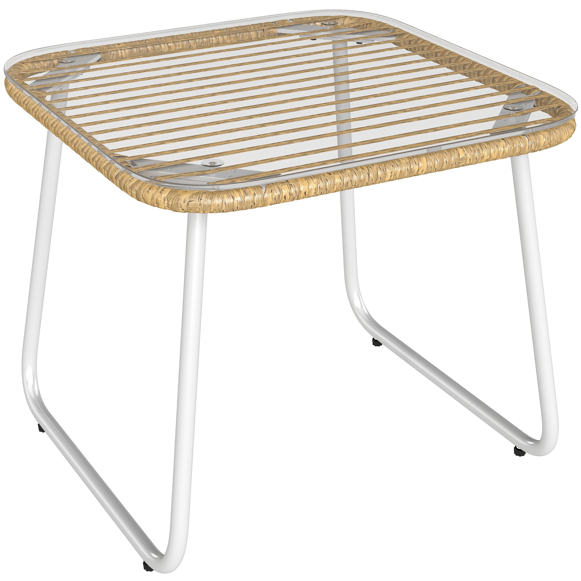 Synthetic Rattan Garden Table Outdoor Table with Tempered Glass Top and Adjustable Legs Side Table for Patio Terrace Balcony Natural and White