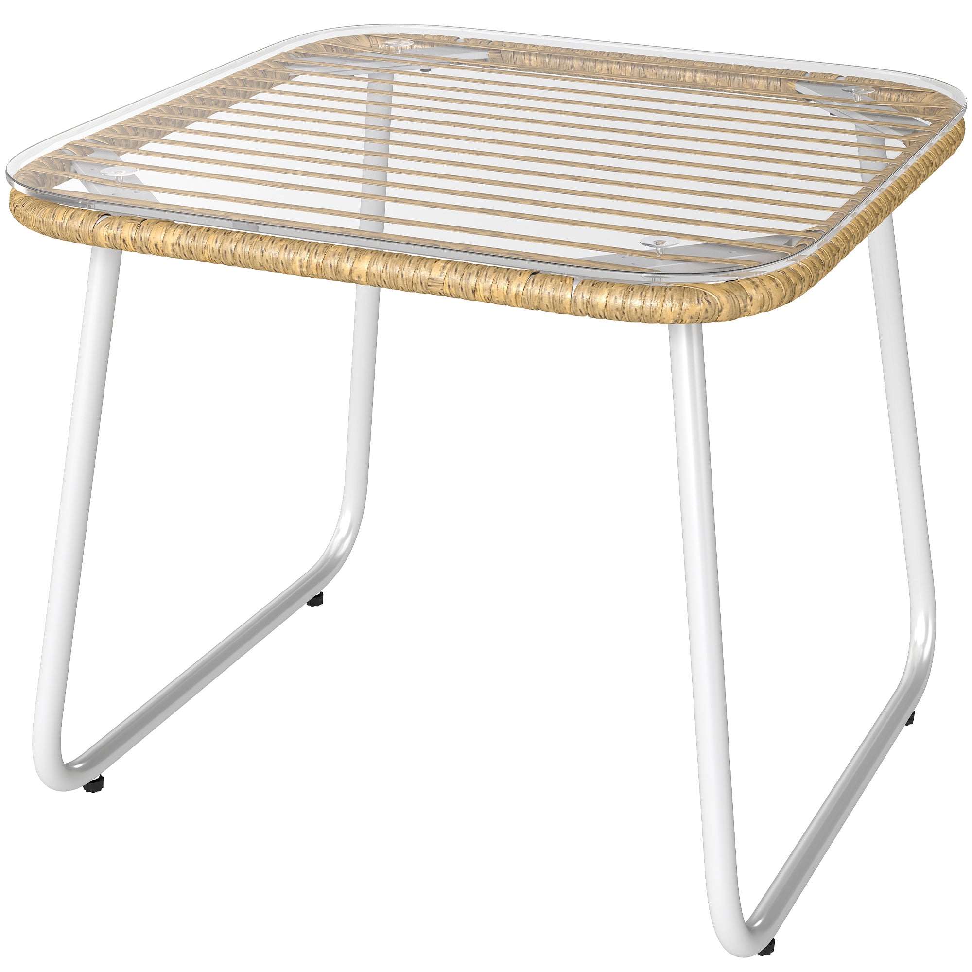 Synthetic Rattan Garden Table Outdoor Table with Tempered Glass Top and Adjustable Legs Side Table for Patio Terrace Balcony Natural and White
