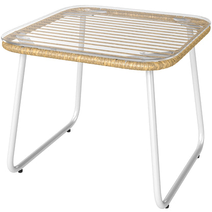Synthetic Rattan Garden Table Outdoor Table with Tempered Glass Top and Adjustable Legs Side Table for Patio Terrace Balcony Natural and White