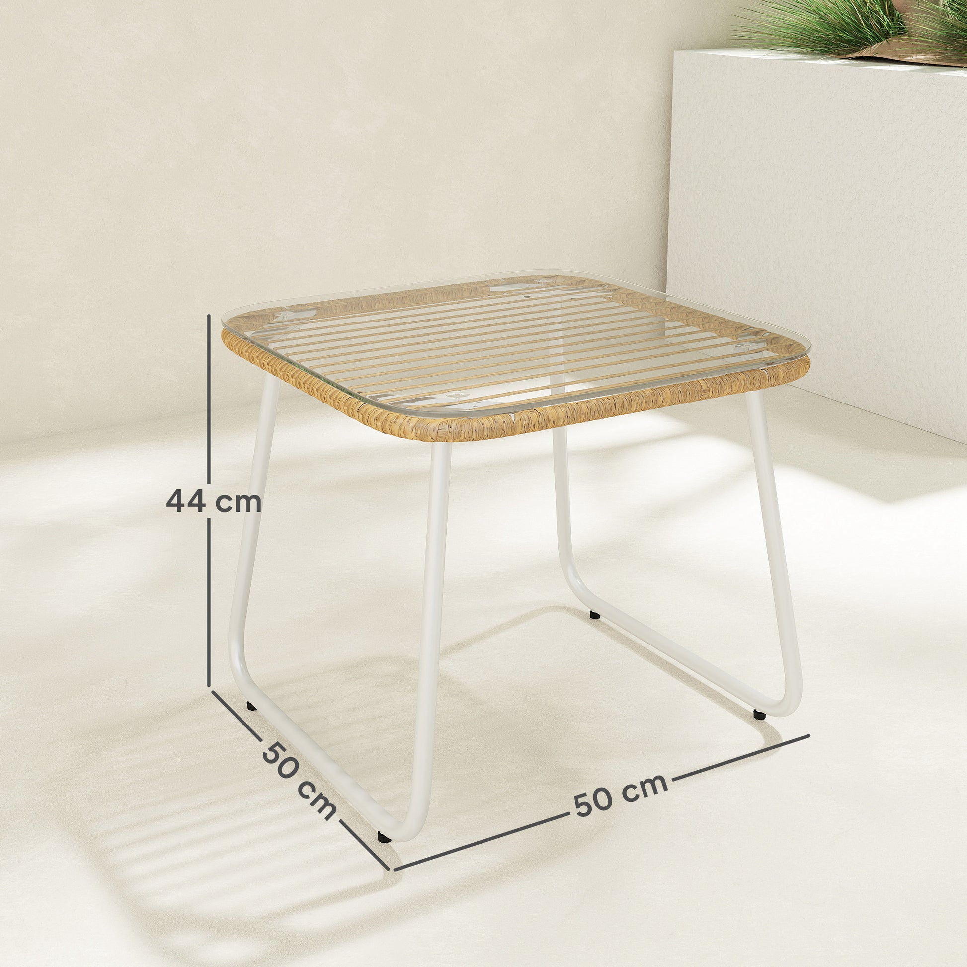 Synthetic Rattan Garden Table Outdoor Table with Tempered Glass Top and Adjustable Legs Side Table for Patio Terrace Balcony Natural and White