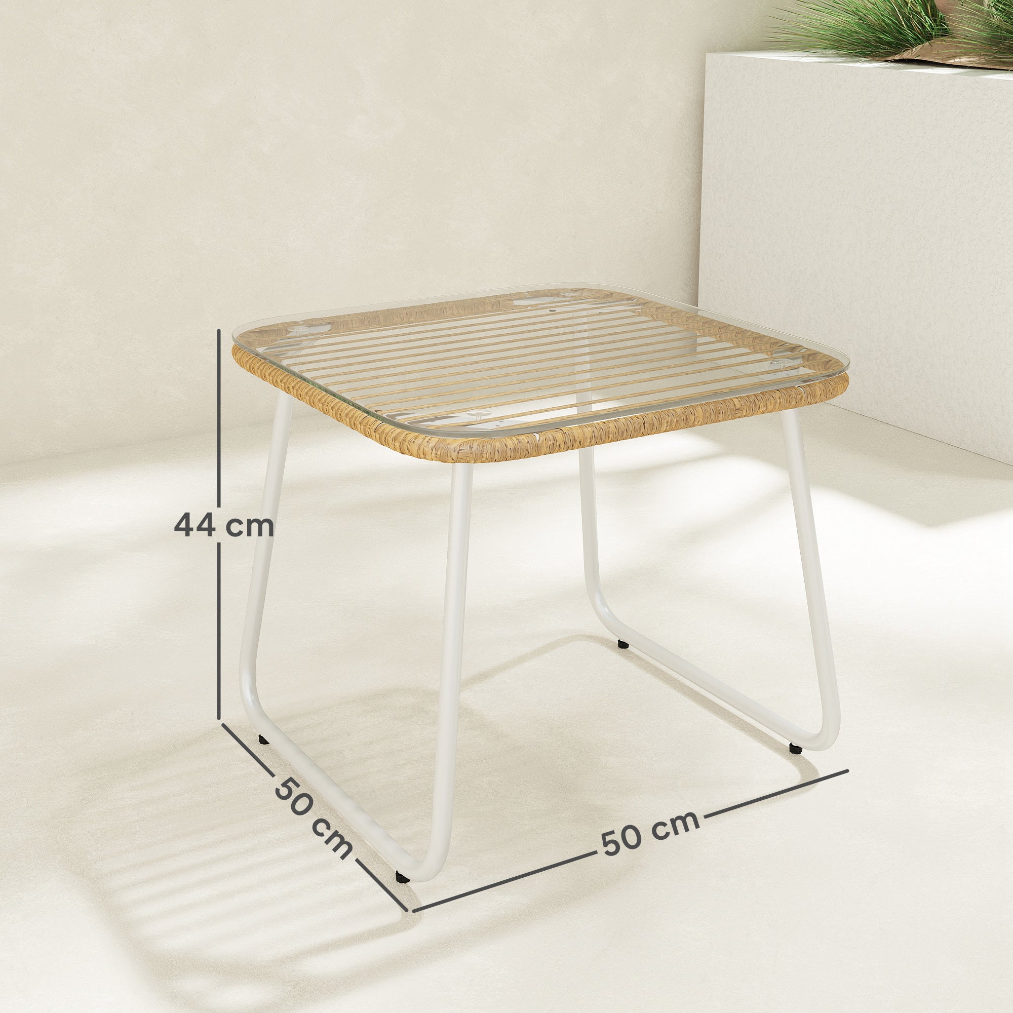 Synthetic Rattan Garden Table Outdoor Table with Tempered Glass Top and Adjustable Legs Side Table for Patio Terrace Balcony Natural and White