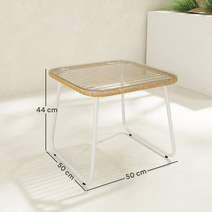 Synthetic Rattan Garden Table Outdoor Table with Tempered Glass Top and Adjustable Legs Side Table for Patio Terrace Balcony Natural and White