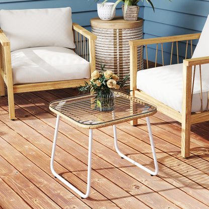 Synthetic Rattan Garden Table Outdoor Table with Tempered Glass Top and Adjustable Legs Side Table for Patio Terrace Balcony Natural and White