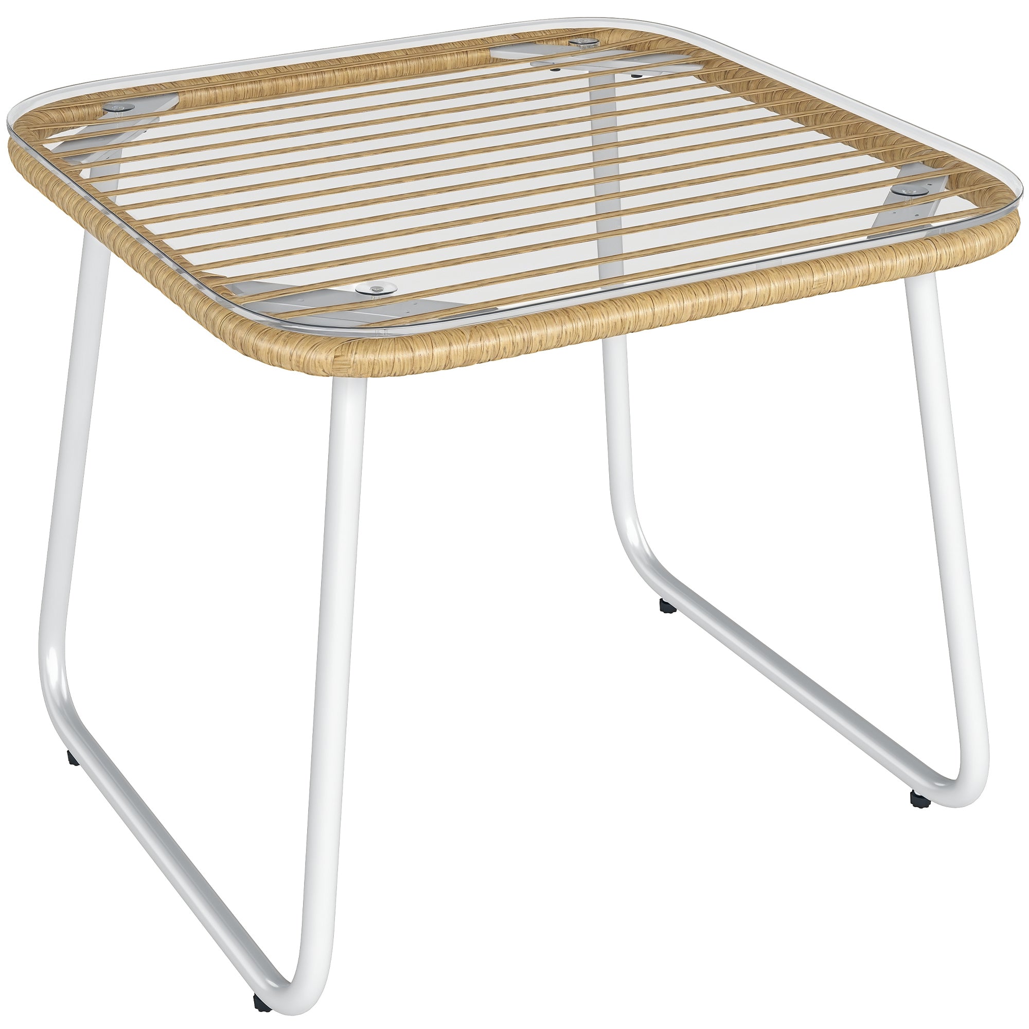 Synthetic Rattan Garden Table Outdoor Table with Tempered Glass Top and Adjustable Legs Side Table for Patio Terrace Balcony Natural and White