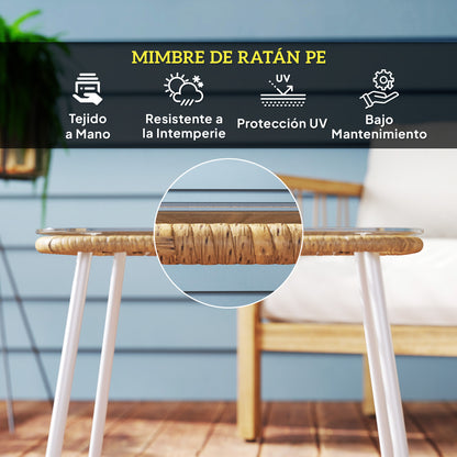 Synthetic Rattan Garden Table Outdoor Table with Tempered Glass Top and Adjustable Legs Side Table for Patio Terrace Balcony Natural and White