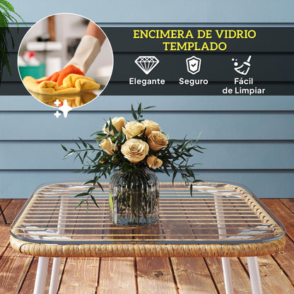 Synthetic Rattan Garden Table Outdoor Table with Tempered Glass Top and Adjustable Legs Side Table for Patio Terrace Balcony Natural and White