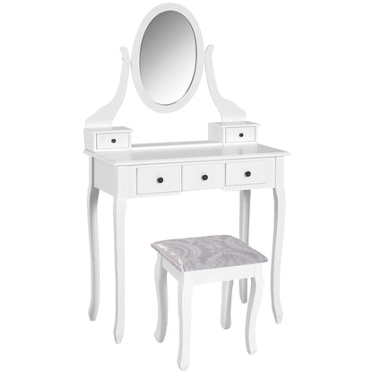 Vanity Set with Stool and Mirror Makeup Dressing Table 5 Drawers White Black MDF Table (White)