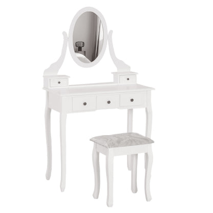 Vanity Set with Stool and Mirror Makeup Dressing Table 5 Drawers White Black MDF Table (White)