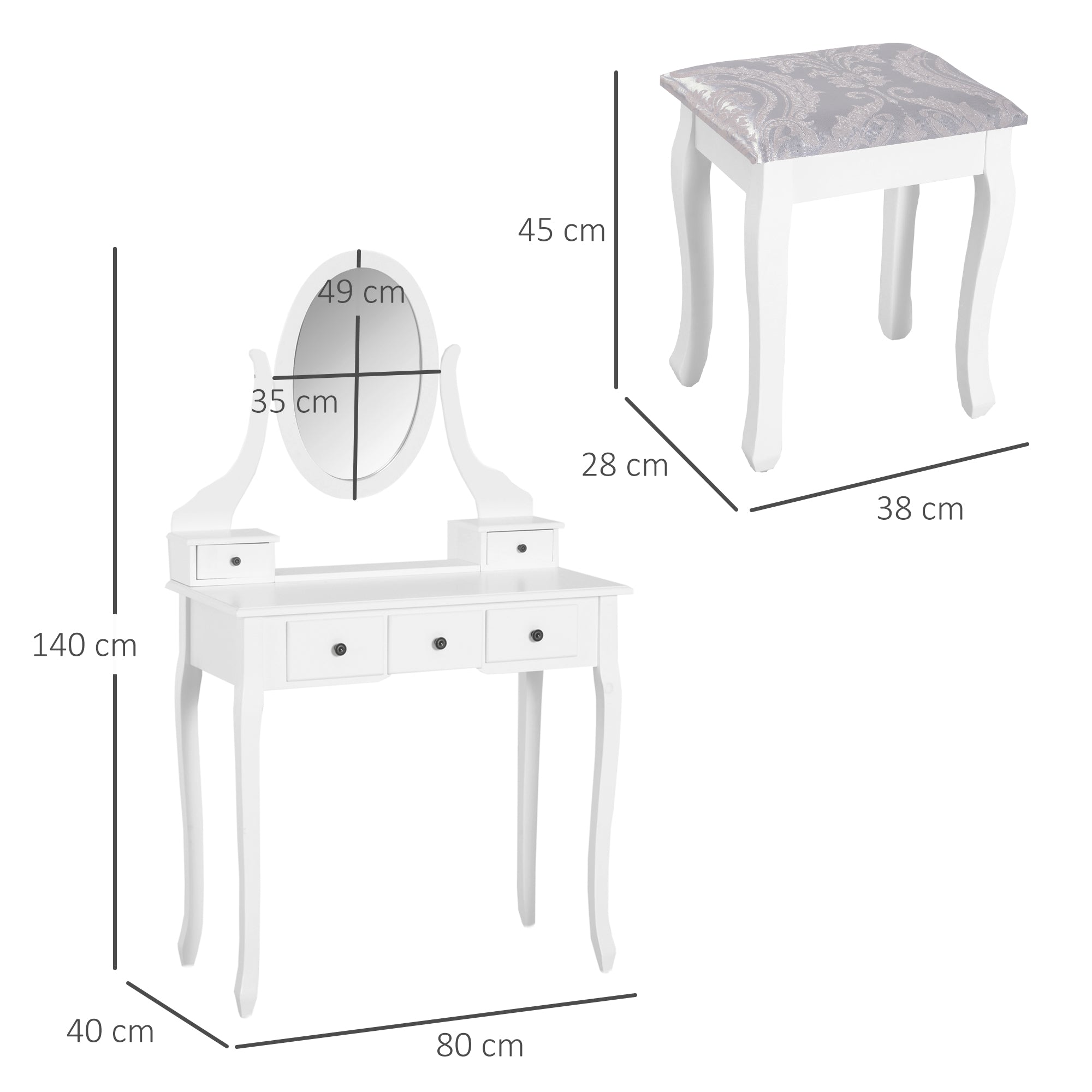 Vanity Set with Stool and Mirror Makeup Dressing Table 5 Drawers White Black MDF Table (White)