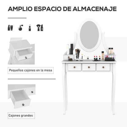 Vanity Set with Stool and Mirror Makeup Dressing Table 5 Drawers White Black MDF Table (White)