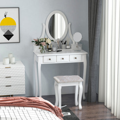 Vanity Set with Stool and Mirror Makeup Dressing Table 5 Drawers White Black MDF Table (White)