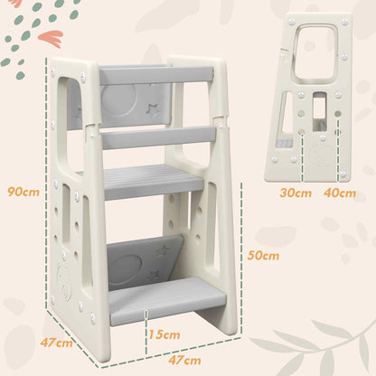 Learning Tower Observation Tower Montessori for Children 18 Months to 5 Years, Height Adjustable on 3 Levels in HDPE, Max. 65 kg 47 x 47 x 90 cm Cream Gray