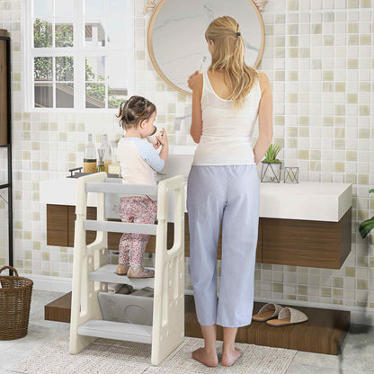 Learning Tower Observation Tower Montessori for Children 18 Months to 5 Years, Height Adjustable on 3 Levels in HDPE, Max. 65 kg 47 x 47 x 90 cm Cream Gray