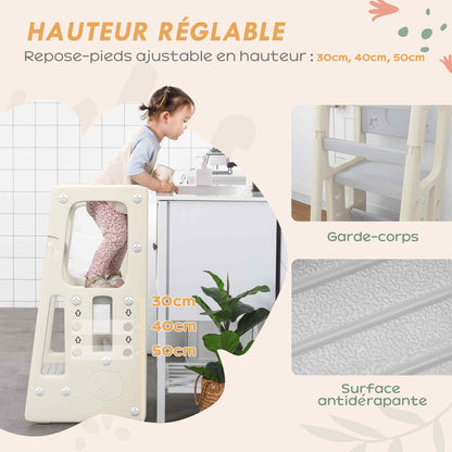 Learning Tower Observation Tower Montessori for Children 18 Months to 5 Years, Height Adjustable on 3 Levels in HDPE, Max. 65 kg 47 x 47 x 90 cm Cream Gray