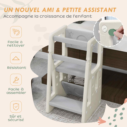 Learning Tower Observation Tower Montessori for Children 18 Months to 5 Years, Height Adjustable on 3 Levels in HDPE, Max. 65 kg 47 x 47 x 90 cm Cream Gray