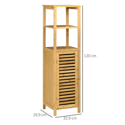 Bathroom Cabinet Storage Cabinet with Door, Two Open Shelves, Bamboo, Tall Cabinet for Bathroom and Living Room, approx. 33 x 30 x 120 cm Natural Wood