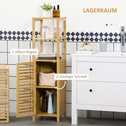 Bathroom Cabinet Storage Cabinet with Door, Two Open Shelves, Bamboo, Tall Cabinet for Bathroom and Living Room, approx. 33 x 30 x 120 cm Natural Wood