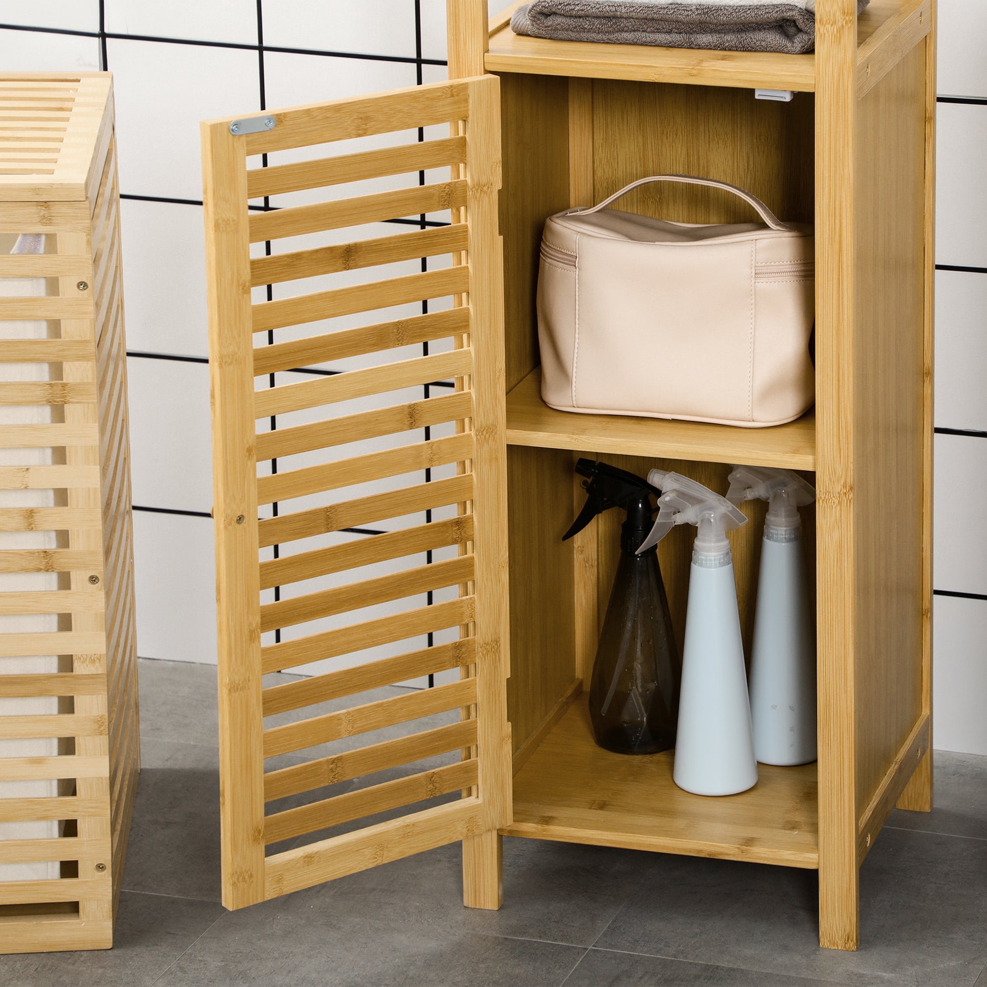Bathroom Cabinet Storage Cabinet with Door, Two Open Shelves, Bamboo, Tall Cabinet for Bathroom and Living Room, approx. 33 x 30 x 120 cm Natural Wood
