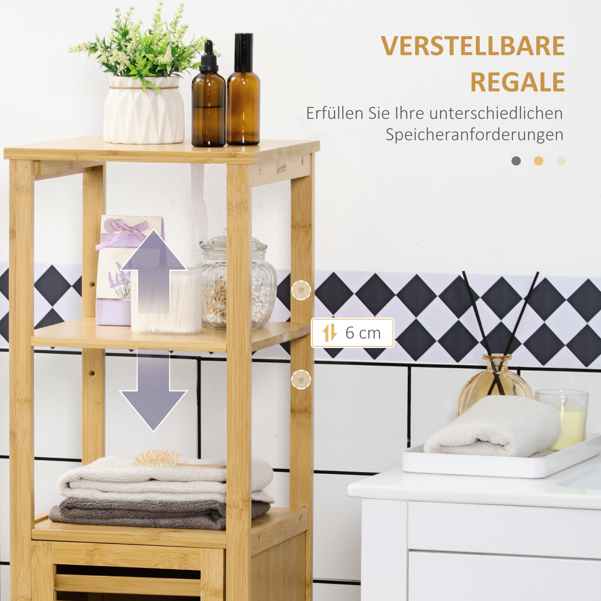 Bathroom Cabinet Storage Cabinet with Door, Two Open Shelves, Bamboo, Tall Cabinet for Bathroom and Living Room, approx. 33 x 30 x 120 cm Natural Wood