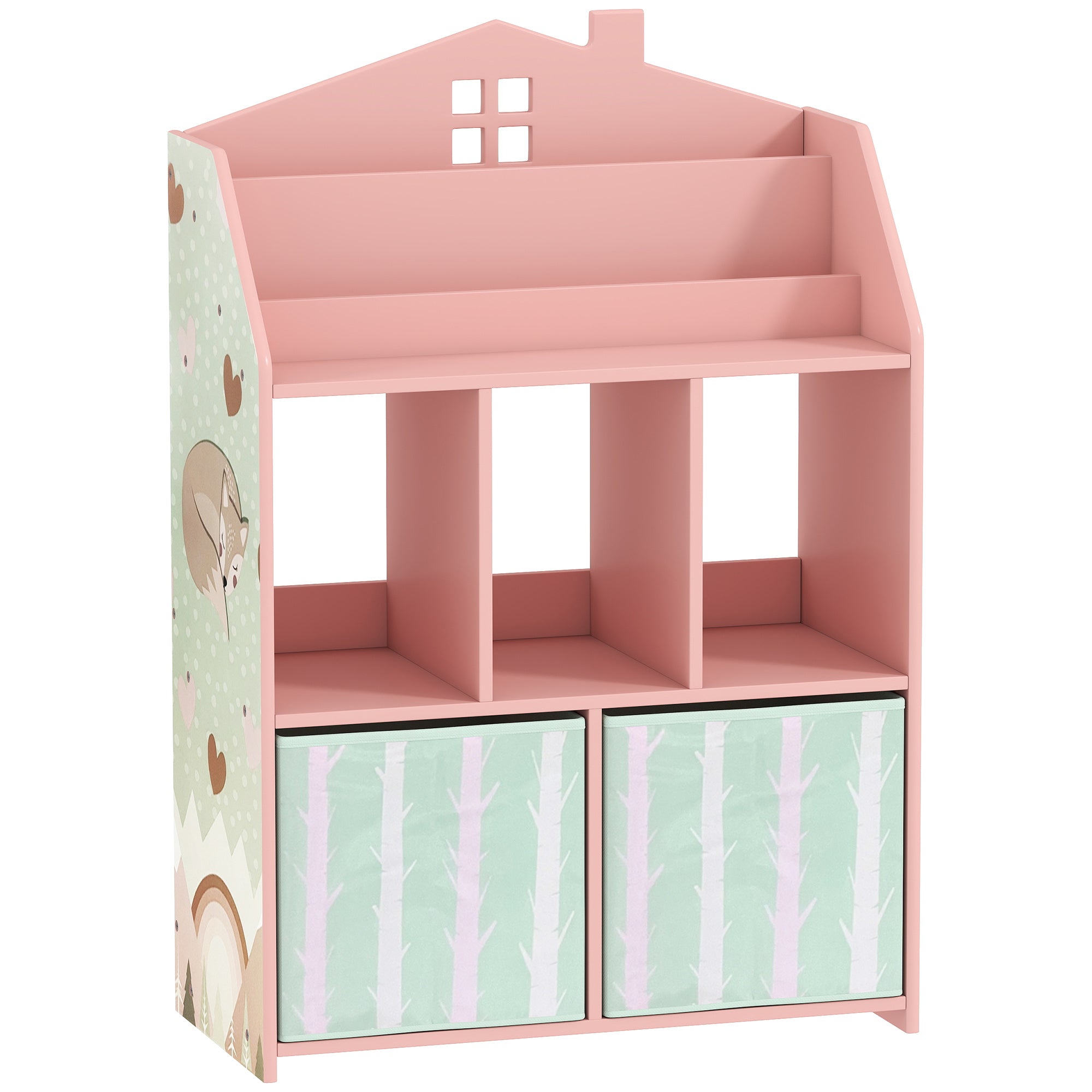 Kids Toy Shelf with Fabric Drawers, Open Shelves & Fox Design — Toy Organizer for Bedroom, Playroom, Nursery, Pink