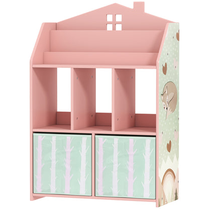 Kids Toy Shelf with Fabric Drawers, Open Shelves & Fox Design — Toy Organizer for Bedroom, Playroom, Nursery, Pink