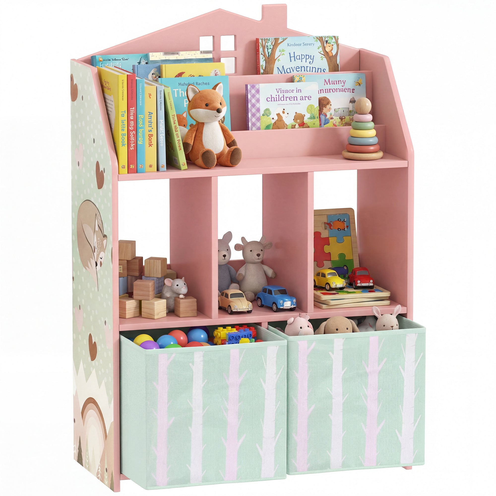 Kids Toy Shelf with Fabric Drawers, Open Shelves & Fox Design — Toy Organizer for Bedroom, Playroom, Nursery, Pink